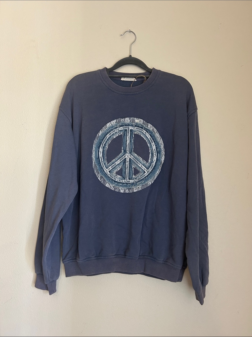 Ee:some Graphic lace and denim Peace sign Crewneck Sweatshirt